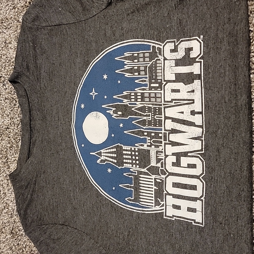 Two Harry Potter t shirts,dark gray is a size small and the light blue is a medi